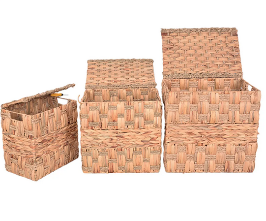 Bahçem Dekoratif Kapaklı Dikdörtgen Water Hyacinth Sepet 3'Lü Set