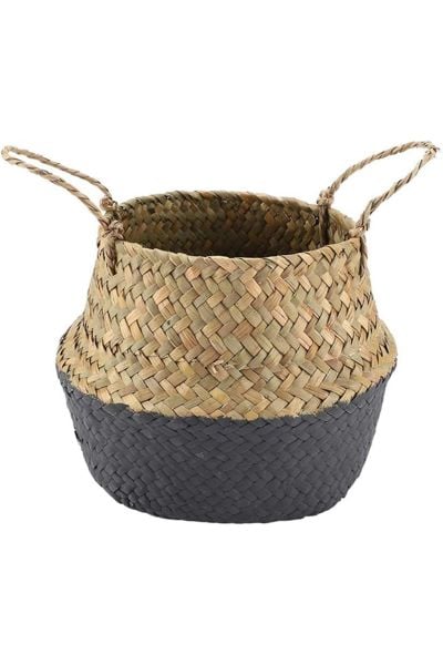 Bahçem Katlanabilir Hasır Sepet Saksılık Natural-Siyah 24x28cm