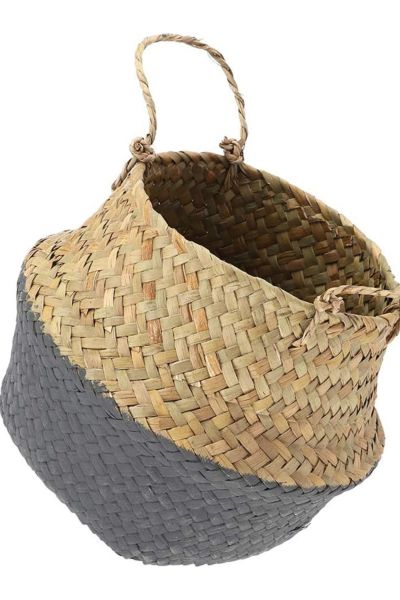 Bahçem Katlanabilir Hasır Sepet Saksılık Natural-Antrasit 20x23cm