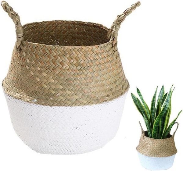 Bahçem Katlanabilir Hasır Sepet Saksılık Natural-Beyaz 20x23cm