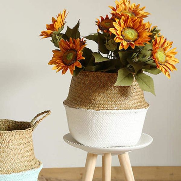 Bahçem Katlanabilir Hasır Sepet Saksılık Natural-Beyaz 20x23cm