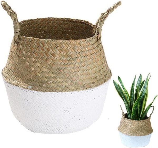 Bahçem Katlanabilir Hasır Sepet Saksılık Natural-beyaz 28x30cm