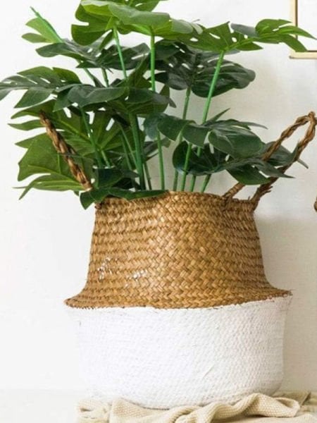 Bahçem Katlanabilir Hasır Sepet Saksılık Natural-beyaz 24x28cm