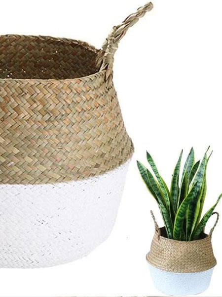 Bahçem Katlanabilir Hasır Sepet Saksılık Natural-beyaz 24x28cm