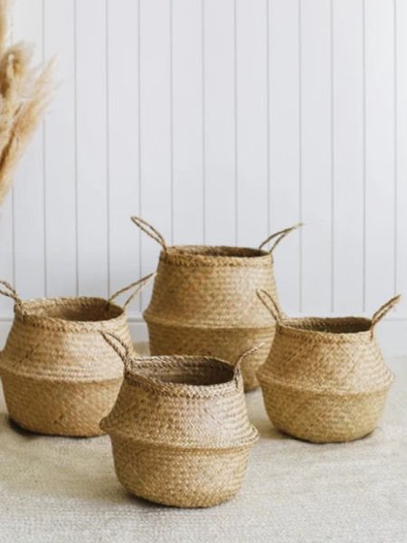 Bahçem Natural Katlanabilir Hasır Sepet Saksılık 24x28cm