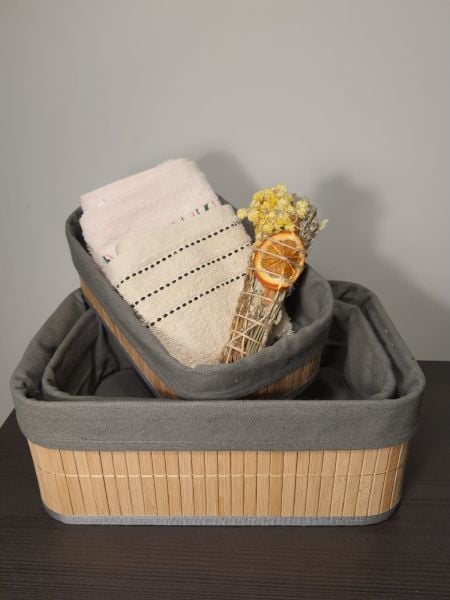 Bahçem Bambu Sepet Çok Amaçlı Organizer Antrasit Astarlı 3'lü Set