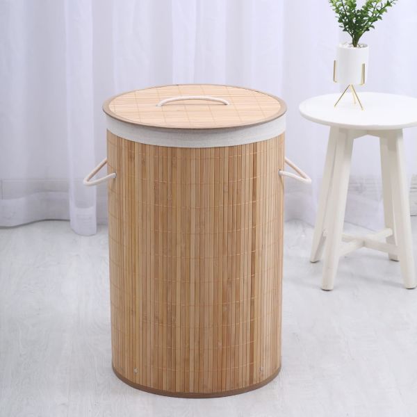 Bahçem Bambu Kirli Çamaşır Sepeti ,Yuvarlak Natural Sepet 35x60cm