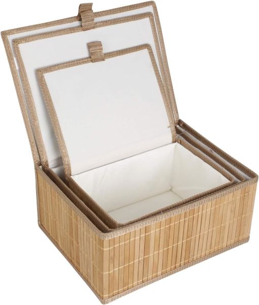 Bahçem 3'lü Bambu Kapaklı Saklama Kutusu, Doğal Organizer, Dekoratif Sepet ve Oyuncak Kutusu