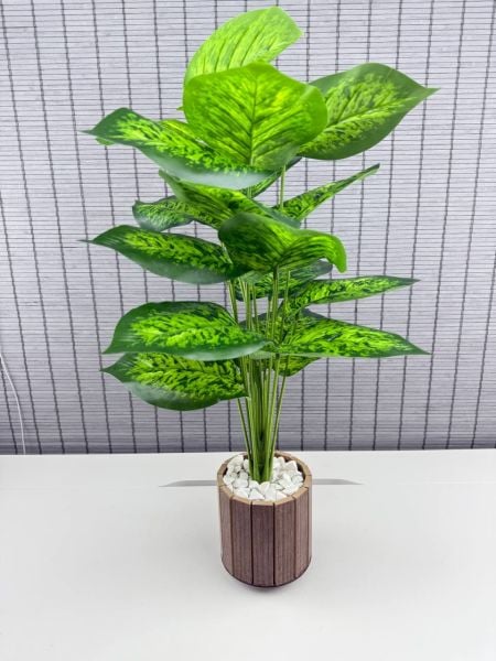 Bahçem Yapay Çiçek Difenbahya 18 Yapraklı 65 Cm Salon Çiçeği Ahşap Saksılı Yapay Bitki