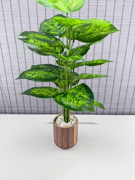 Bahçem Yapay Çiçek Difenbahya 18 Yapraklı 65 Cm Salon Çiçeği Ahşap Saksılı Yapay Bitki