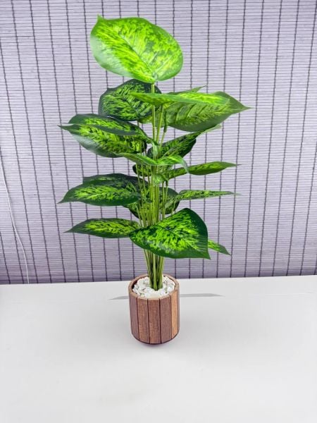Bahçem Yapay Çiçek Difenbahya 18 Yapraklı 65 Cm Salon Çiçeği Ahşap Saksılı Yapay Bitki