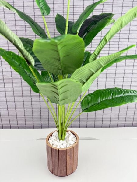 Bahçem Yapay Çiçek Starliçe Salon Çiçeği Ahşap Saksılı Yapay Bitki 18 Yapraklı 65 Cm