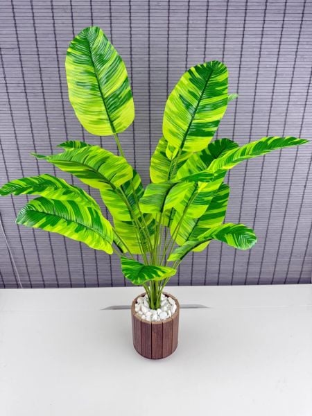 Bahçem Yapay Yapraklı Starliçe Muz Desenli Çizgili Yaprak Ahşap Saksılı 65cm 18 Yaprak