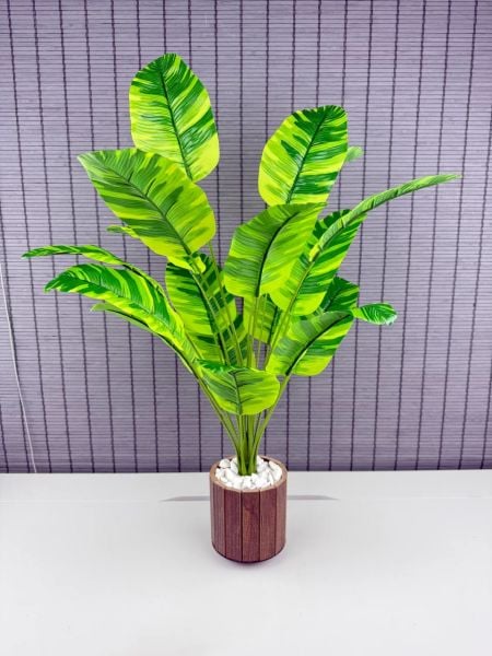 Bahçem Yapay Yapraklı Starliçe Muz Desenli Çizgili Yaprak Ahşap Saksılı 65cm 18 Yaprak