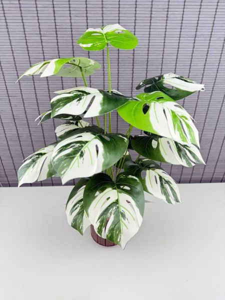 Bahçem Yapay Yapraklı Çiçek Monstera Yeşil Beyaz Deve Tabanı Salon Çiçeği 65cm 18 Yaprak