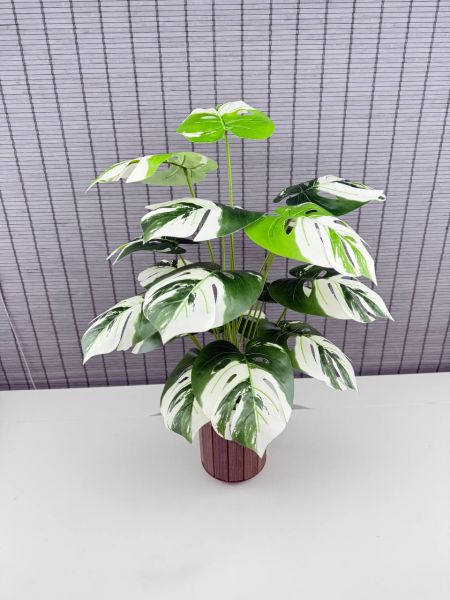 Bahçem Yapay Yapraklı Çiçek Monstera Yeşil Beyaz Deve Tabanı Salon Çiçeği 65cm 18 Yaprak