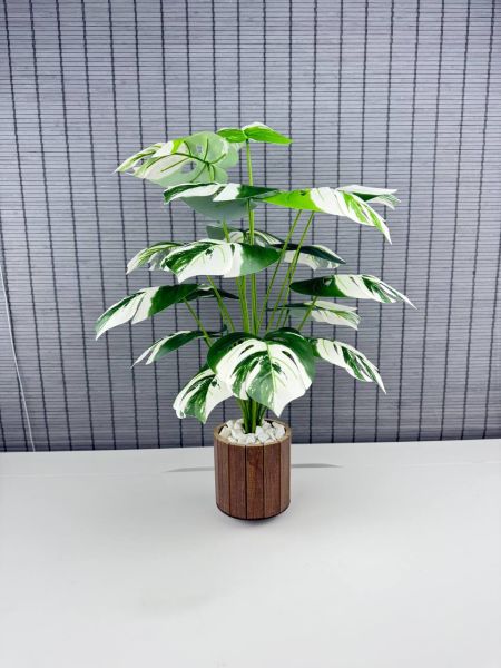 Bahçem Yapay Yapraklı Çiçek Monstera Yeşil Beyaz Deve Tabanı Salon Çiçeği 65cm 18 Yaprak