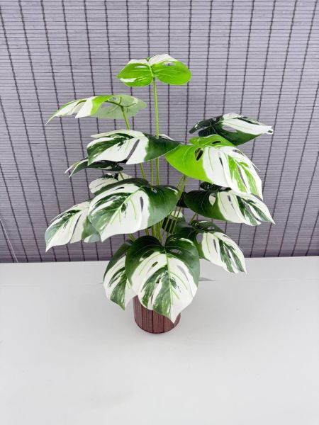 Bahçem Yapay Yapraklı Çiçek Monstera Yeşil Beyaz Deve Tabanı Salon Çiçeği 65cm 18 Yaprak