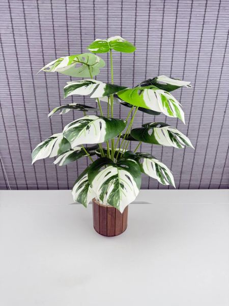 Bahçem Yapay Yapraklı Çiçek Monstera Yeşil Beyaz Deve Tabanı Salon Çiçeği 65cm 18 Yaprak
