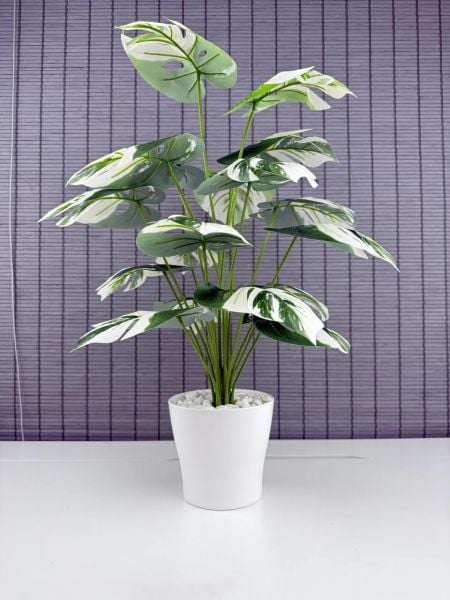 Bahçem Yapay Yapraklı Çiçek Monstera Yeşil Beyaz Deve Tabanı Salon Çiçeği 65cm 18 Yaprak