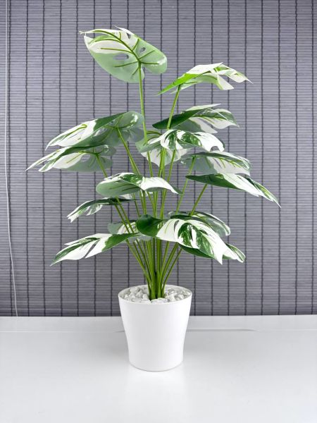 Bahçem Yapay Yapraklı Çiçek Monstera Yeşil Beyaz Deve Tabanı Salon Çiçeği 65cm 18 Yaprak