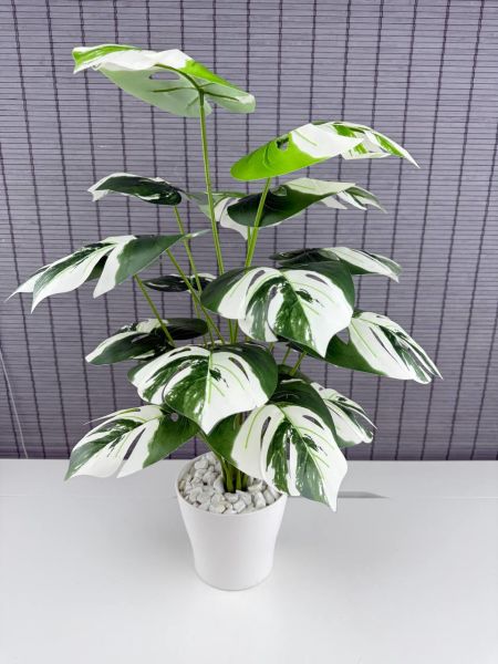 Bahçem Yapay Yapraklı Çiçek Monstera Yeşil Beyaz Deve Tabanı Salon Çiçeği 65cm 18 Yaprak