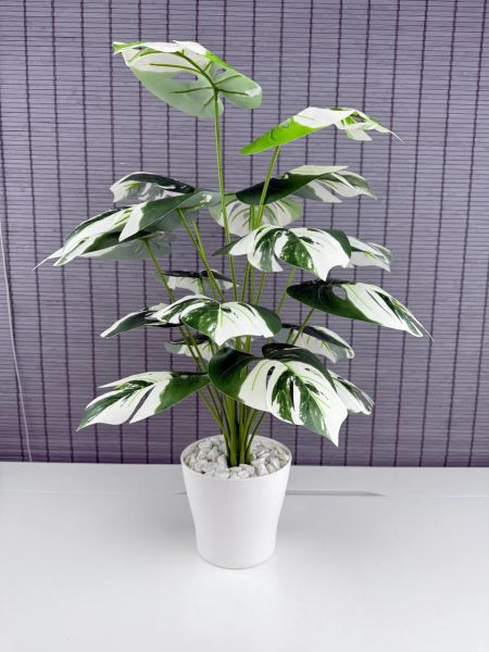 Bahçem Yapay Yapraklı Çiçek Monstera Yeşil Beyaz Deve Tabanı Salon Çiçeği 65cm 18 Yaprak