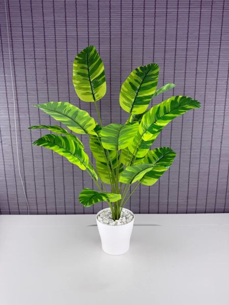 Bahçem Yapay Yapraklı Starliçe Muz Desenli Çizgili Yaprak Beyaz Saksılı 65cm 18 Yaprak