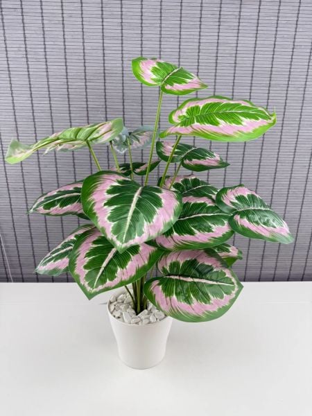 Bahçem Yapay Yapraklı Salon Rosy Dua Çiçeği Beyaz Saksılı 18 Yapraklı 65cm