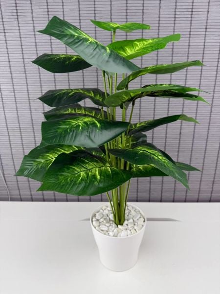 Bahçem Yapay Yapraklı Salon Dua Çiçeği Beyaz Saksılı 18 Yapraklı 65cm