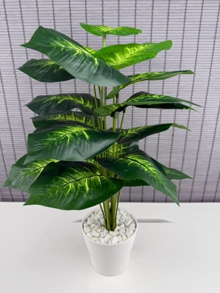Bahçem Yapay Yapraklı Salon Dua Çiçeği Beyaz Saksılı 18 Yapraklı 65cm