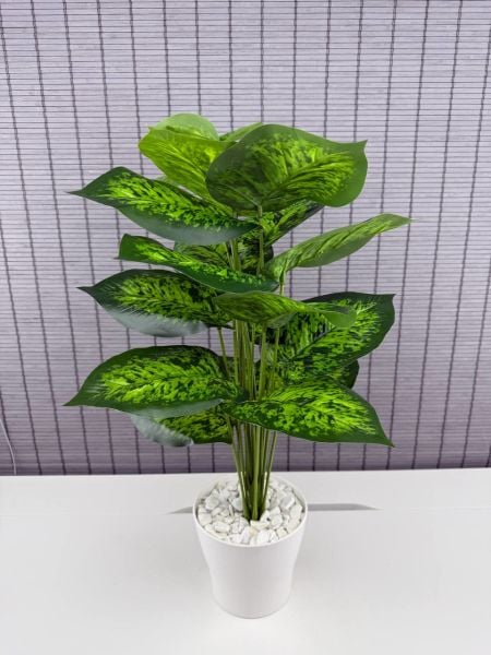Bahçem Yapay Çiçek Difenbahya 18 Yapraklı 65 Cm Salon Çiçeği Beyaz Plastik Saksılı Yapay Bitki