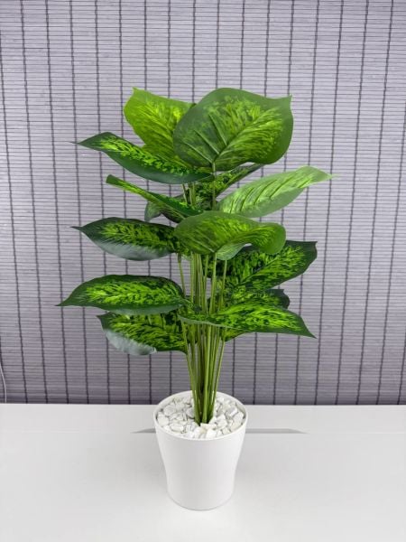 Bahçem Yapay Çiçek Difenbahya 18 Yapraklı 65 Cm Salon Çiçeği Beyaz Plastik Saksılı Yapay Bitki
