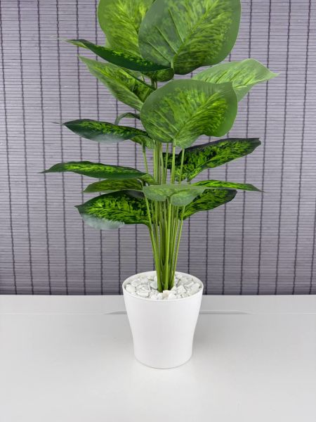 Bahçem Yapay Çiçek Difenbahya 18 Yapraklı 65 Cm Salon Çiçeği Beyaz Plastik Saksılı Yapay Bitki