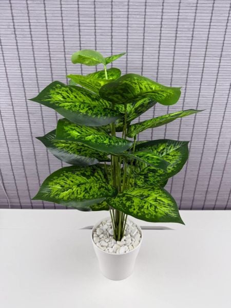 Bahçem Yapay Çiçek Difenbahya 18 Yapraklı 65 Cm Salon Çiçeği Beyaz Plastik Saksılı Yapay Bitki
