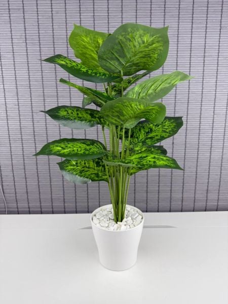 Bahçem Yapay Çiçek Difenbahya 18 Yapraklı 65 Cm Salon Çiçeği Beyaz Plastik Saksılı Yapay Bitki