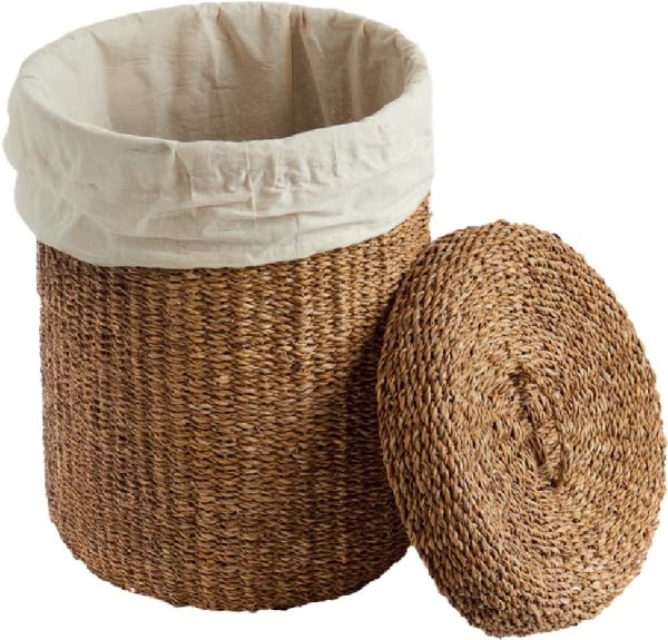 Bahçem Dekoratif Natural Renk Yuvarlak Seagrass İç Astarlı Kapaklı Yuvarlak Hasır Sepet 3'lü Set