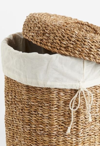 Bahçem Dekoratif Natural Renk Yuvarlak Seagrass İç Astarlı Kapaklı Yuvarlak Hasır Sepet 3'lü Set