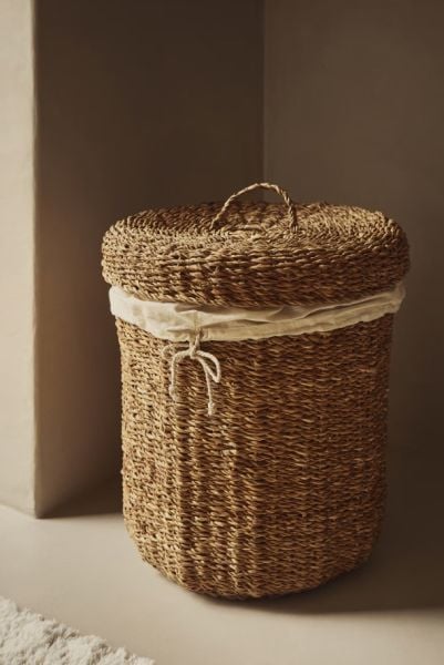 Bahçem Dekoratif Natural Renk Yuvarlak Seagrass İç Astarlı Kapaklı Yuvarlak Hasır Sepet 3'lü Set