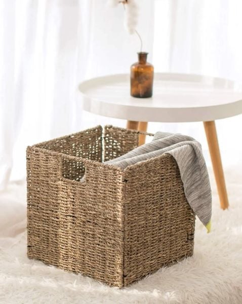 Bahçem Dekoratif Katlanır Kare Hasır Seagrass Saklama/Depolama Sepeti/Düzenleyici 32x32cm 1 Adet