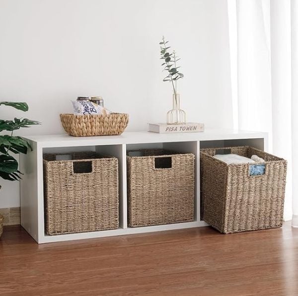 Bahçem Dekoratif Katlanır Kare Hasır Seagrass Saklama/Depolama Sepeti/Düzenleyici 32x32cm 1 Adet