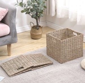 Bahçem Dekoratif Katlanır Kare Hasır Seagrass Saklama/Depolama Sepeti/Düzenleyici 32x32cm 1 Adet