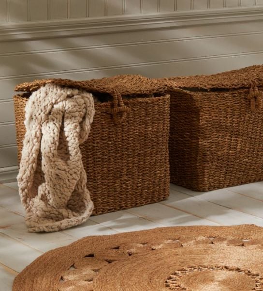 Bahçem Dekoratif Dikdörtgen Seagrass Hasır Saklama Sepeti Kapaklı 3'Lü Set
