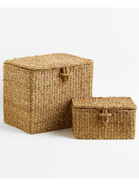 Bahçem Dekoratif Dikdörtgen Seagrass Hasır Saklama Sepeti Kapaklı 3'Lü Set