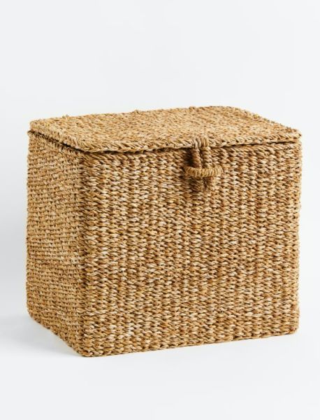 Bahçem Dekoratif Dikdörtgen Seagrass Hasır Saklama Sepeti Kapaklı 3'Lü Set