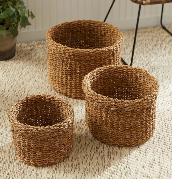 Bahçem Dekoratif Natural Renk Yuvarlak Seagrass Kare Hasır Sepet 3'lü Set