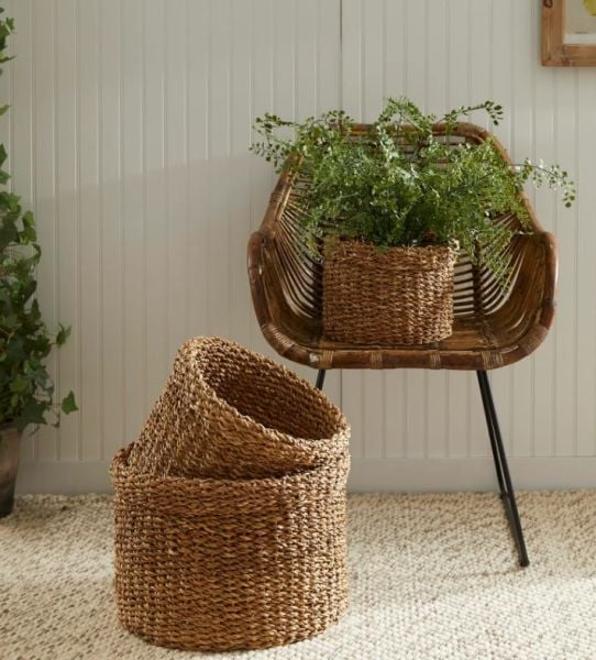 Bahçem Dekoratif Natural Renk Yuvarlak Seagrass Kare Hasır Sepet 3'lü Set