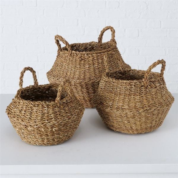 Bahçem Dekoratif Natural Renk Yuvarlak Seagrass Hasır Saksı/Sepet/Organizer 3'lü Set