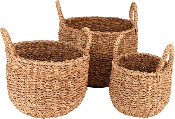 Bahçem Dekoratif Kulplu Seagrass Hasır Sepet Yuvarlak 3'lü Set