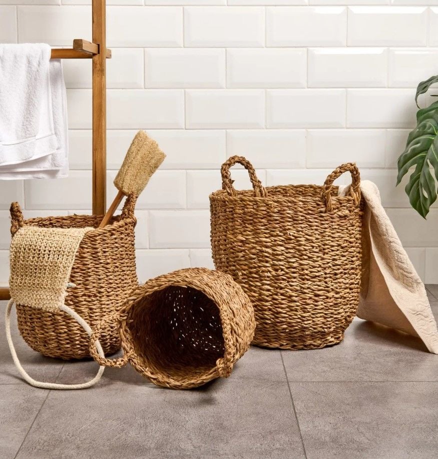 Bahçem Dekoratif Kulplu Seagrass Hasır Sepet Yuvarlak 3'lü Set